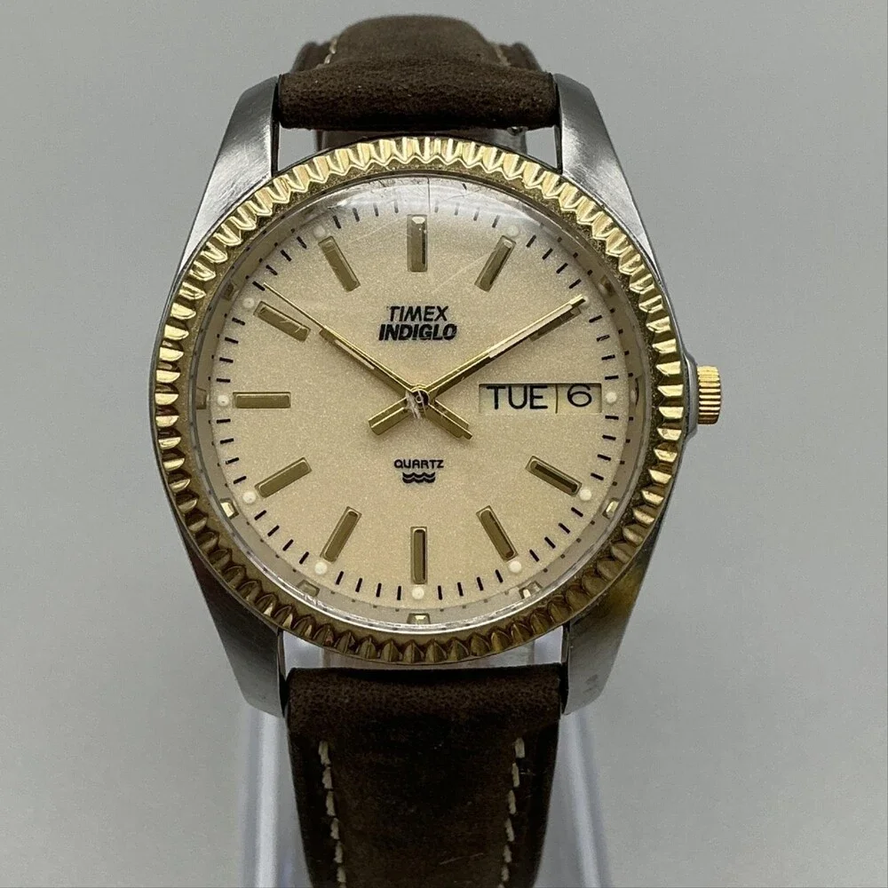 Vtg Timex Indiglo Mens Watch 34mm Two Tone Brown Leather Day Date New Battery